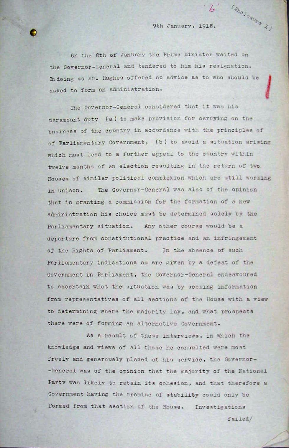 The record of the Governor-General's response after WM Hughes resigned as Prime Minister on 9 January 1918.