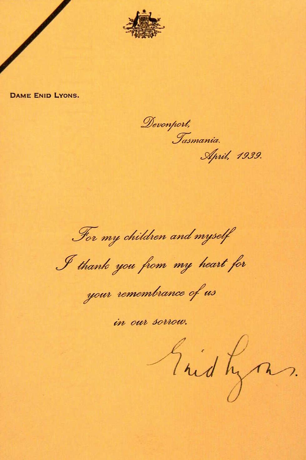 Dame Enid Lyons’ reply to the condolences of former Prime Minister Joseph Cook on the death of Joseph Lyons.
