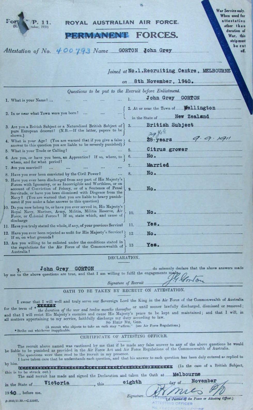 John Gorton’s Royal Australian Air Force enlistment papers, dated 8 November 1940, when he was 29 years old.