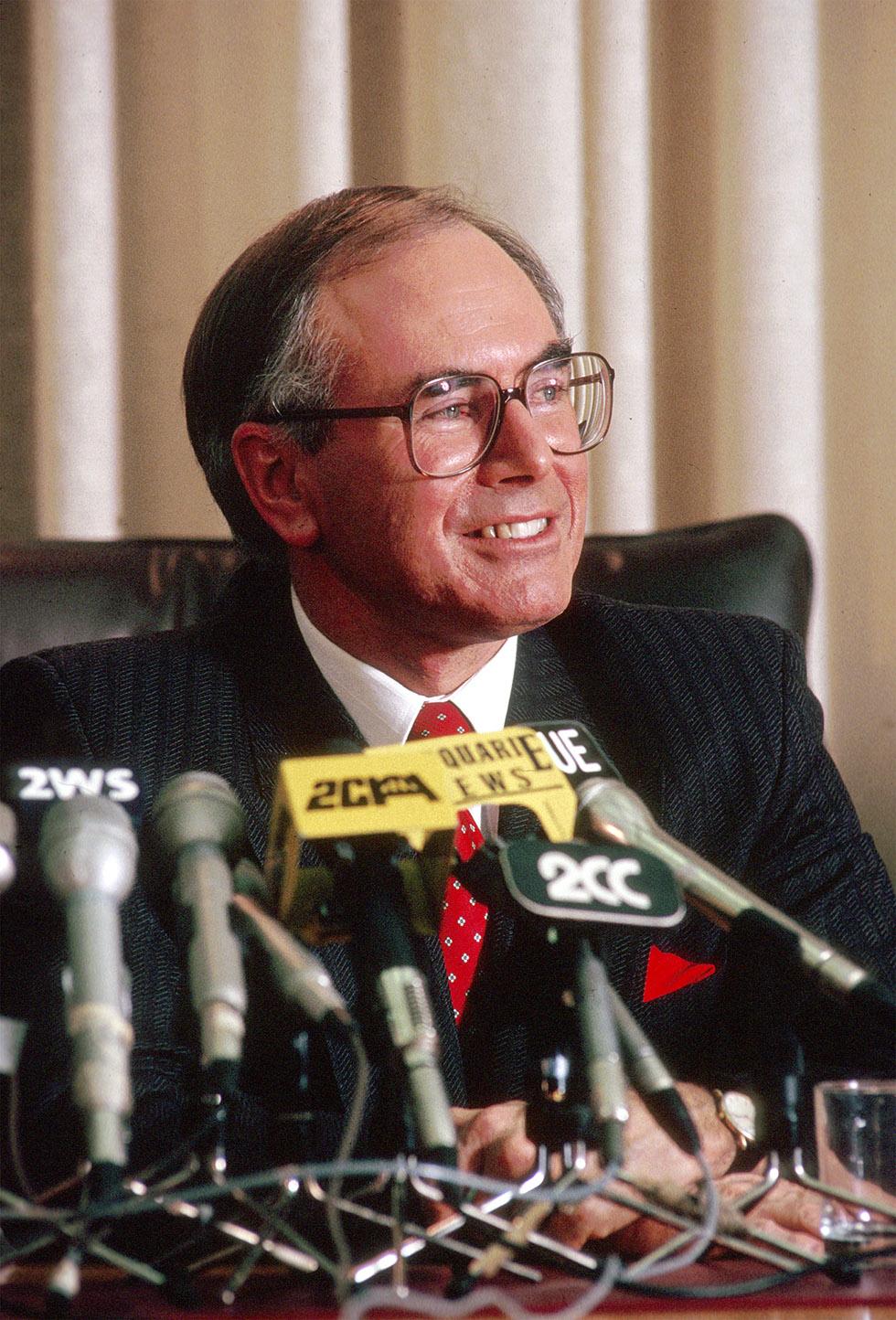 John Howard, Leader of the Opposition, at a Liberal Party press conference in 1987.