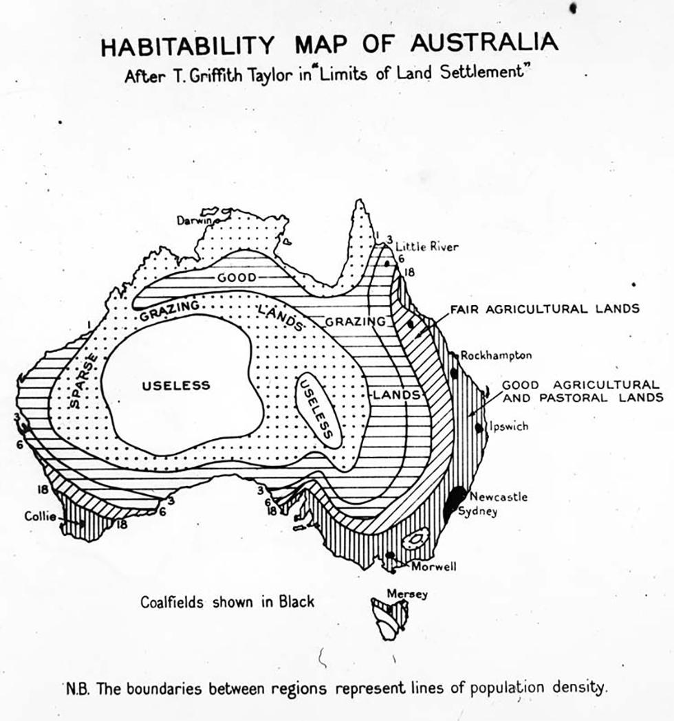 A black-and-white map of Australia showing areas of 'habitability' based on the quality of agricultural or pastoral land.