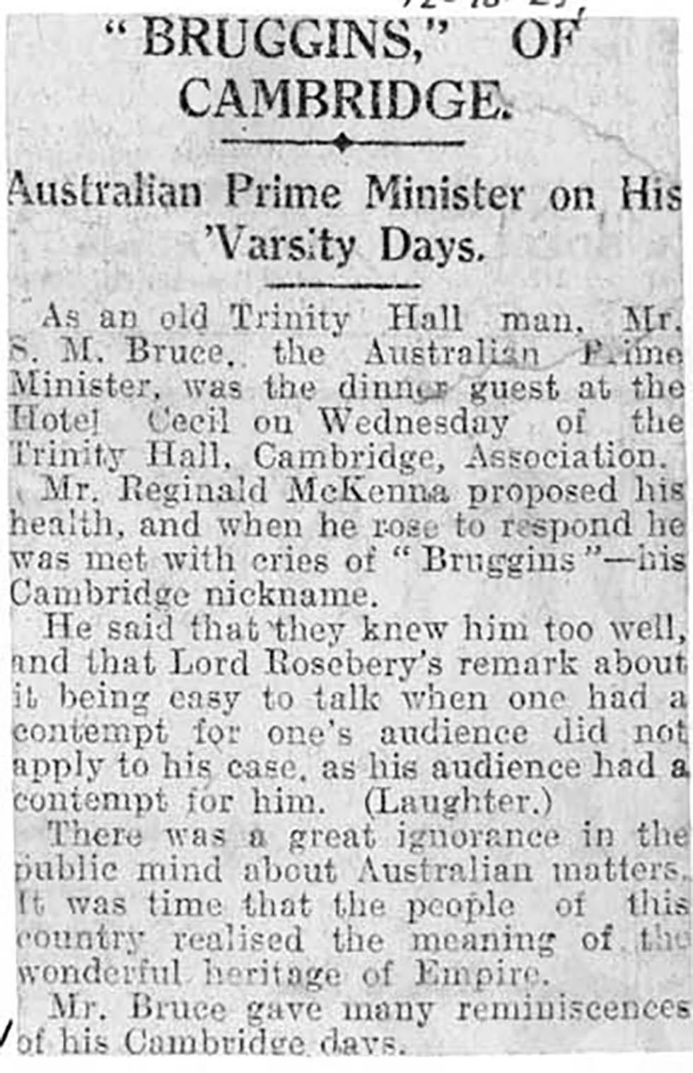 Newspaper article titled '"Bruggins" of Cambridge." Subtitled "Australian Prime Minister on His Varsity Days."