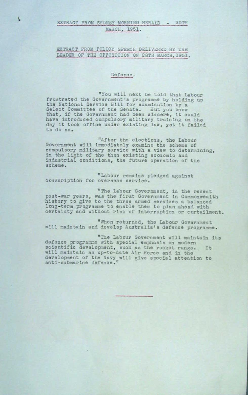 A Defence Department document with published extracts from Ben Chifley’s speech on 28 March 1951.