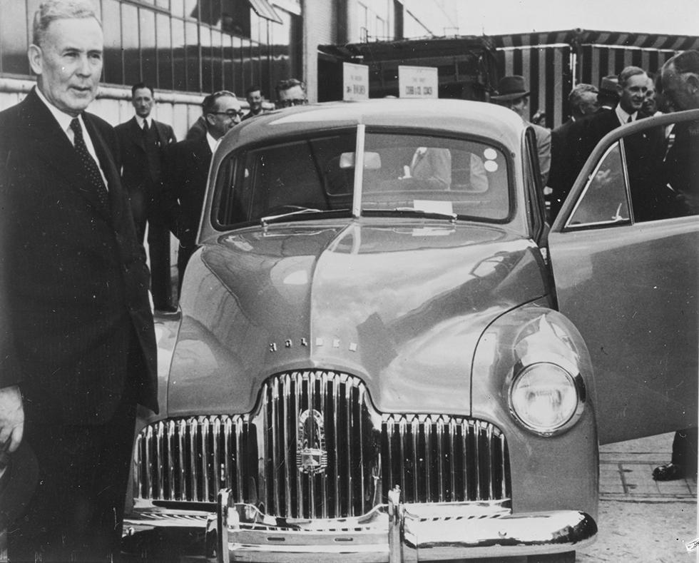 Ben Chifley launching the first mass-produced Australian car.
