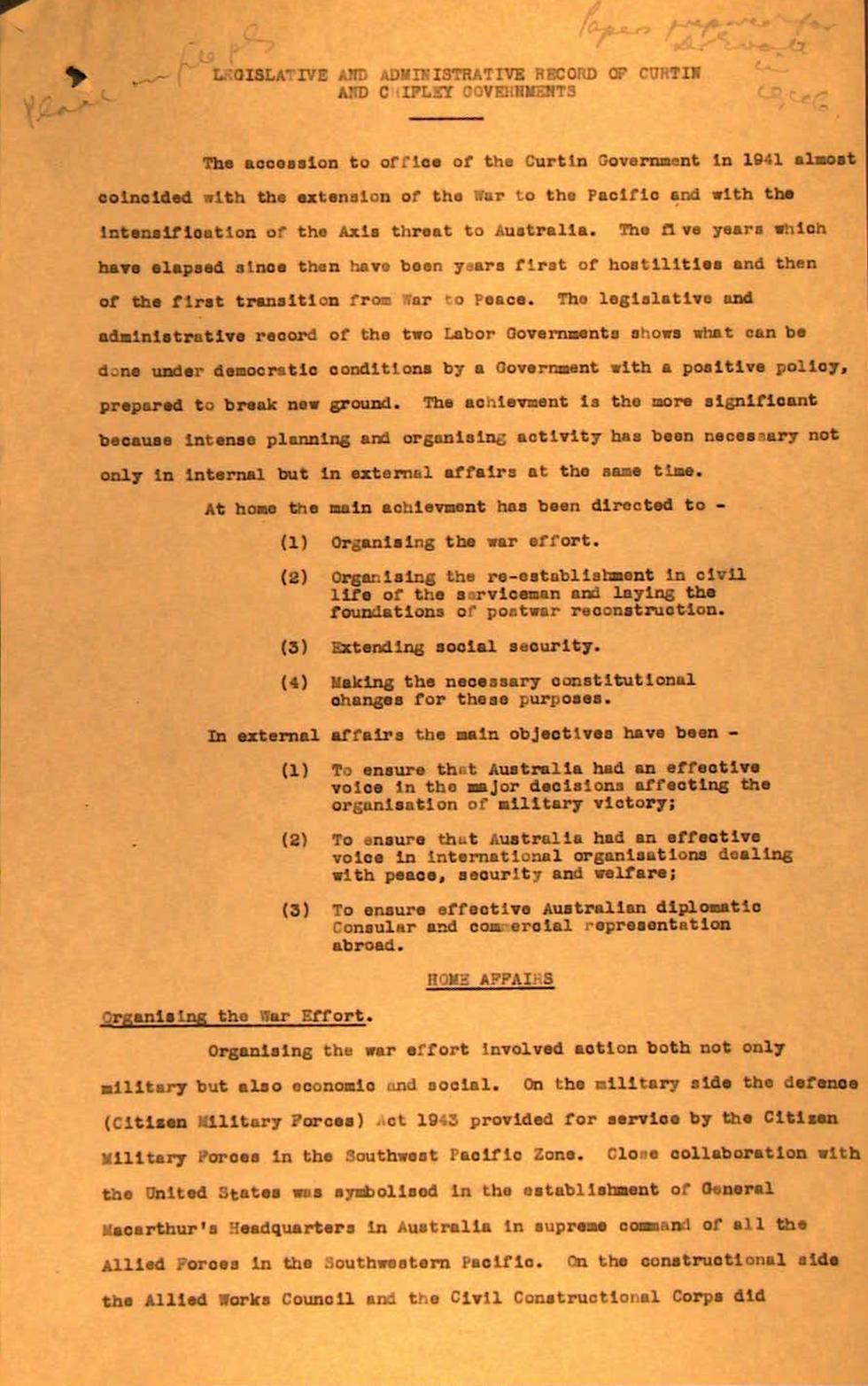 Draft of Prime Minister Chifley’s broadcast titled 'Legislative and administrative record of Curtin and Chifley governments'.