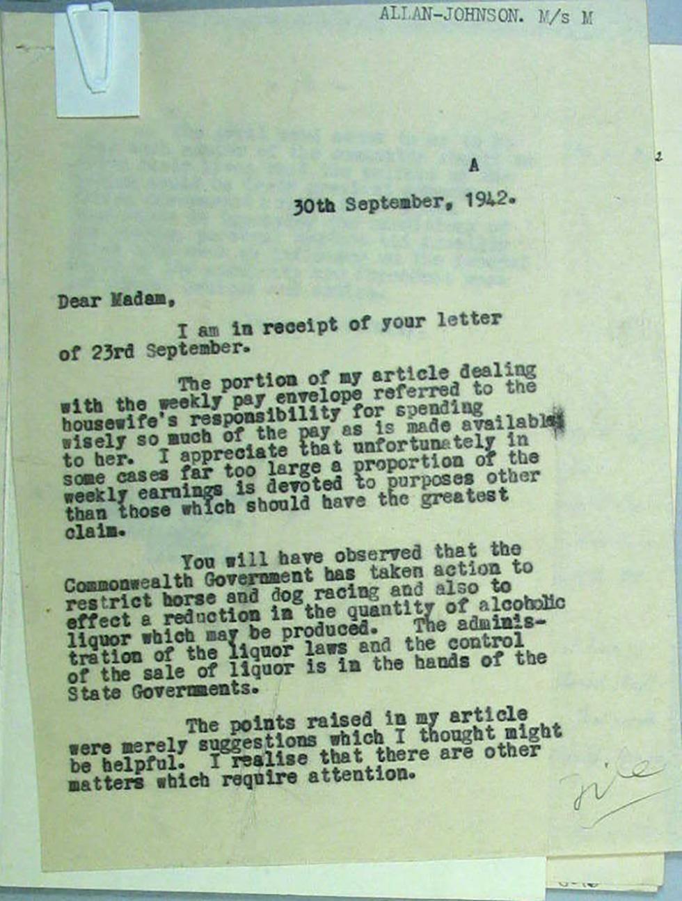 Elsie Curtin’s reply on 30 September 1942 to a correspondent taking her to task over her advice for household austerity. 