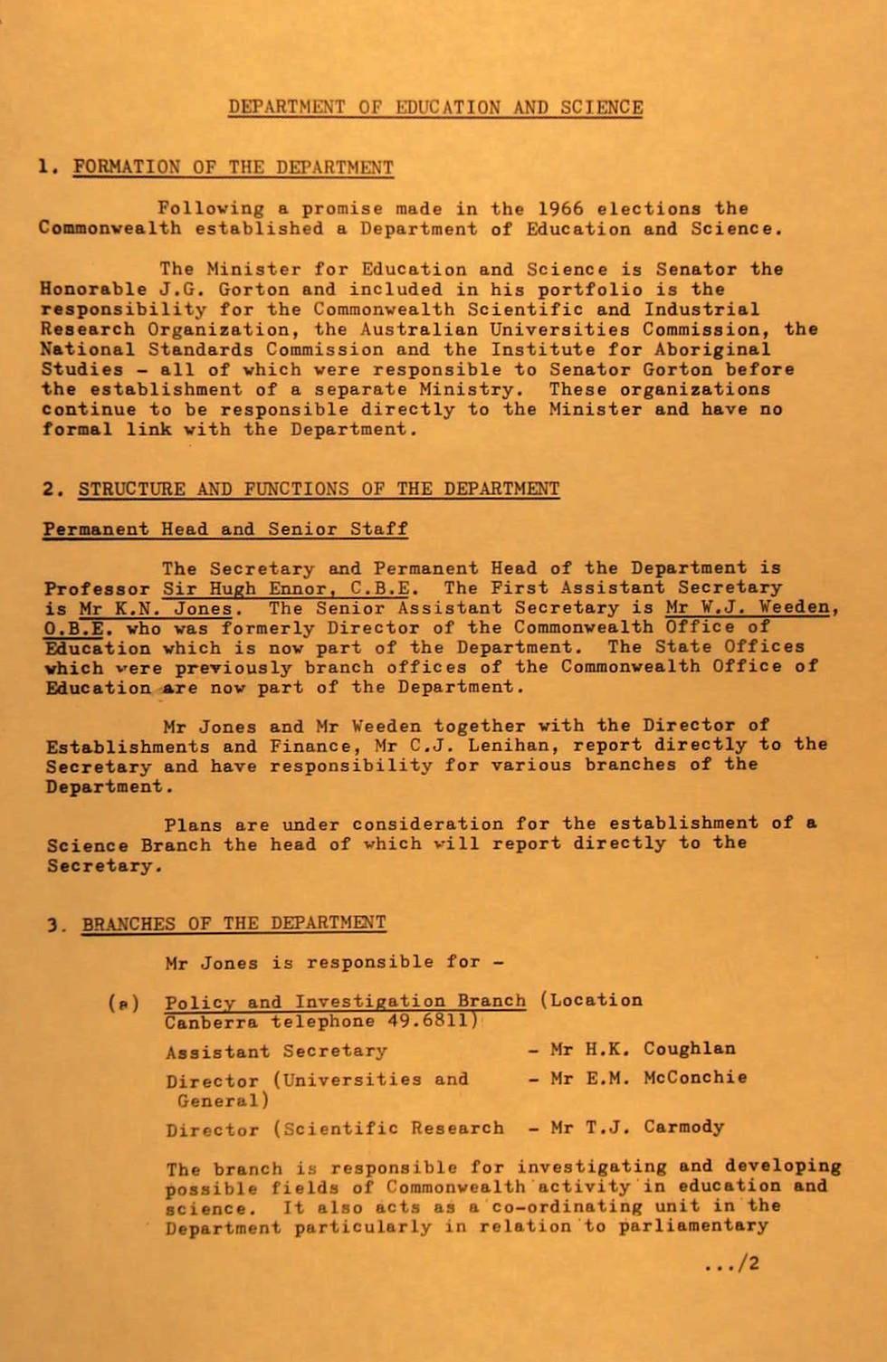 Document outlining new Department of Education and Science, with the announcement of John Gorton as the first minister.