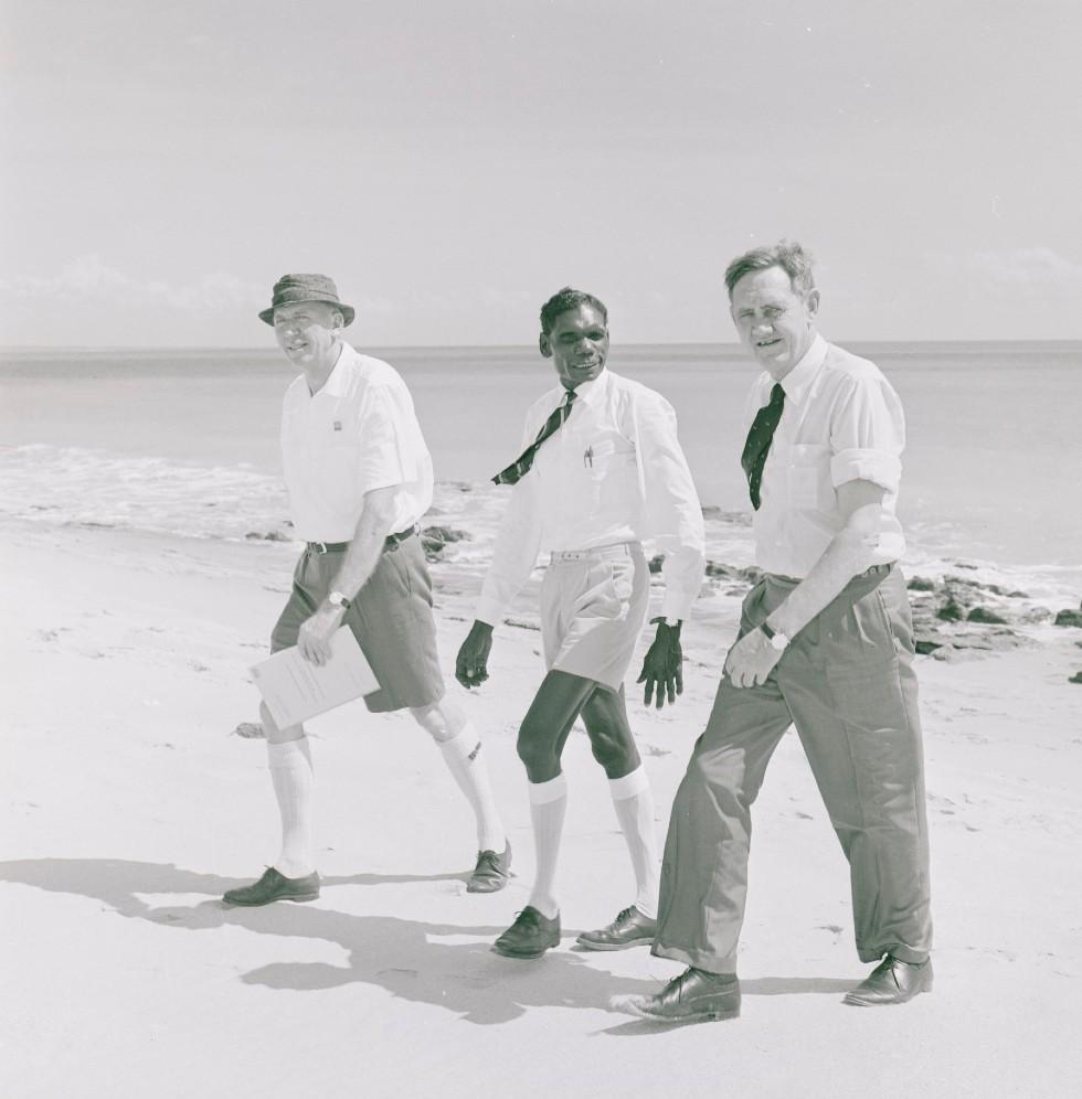 Prime Minister John Gorton on the beach with officials at Gove in 1968.