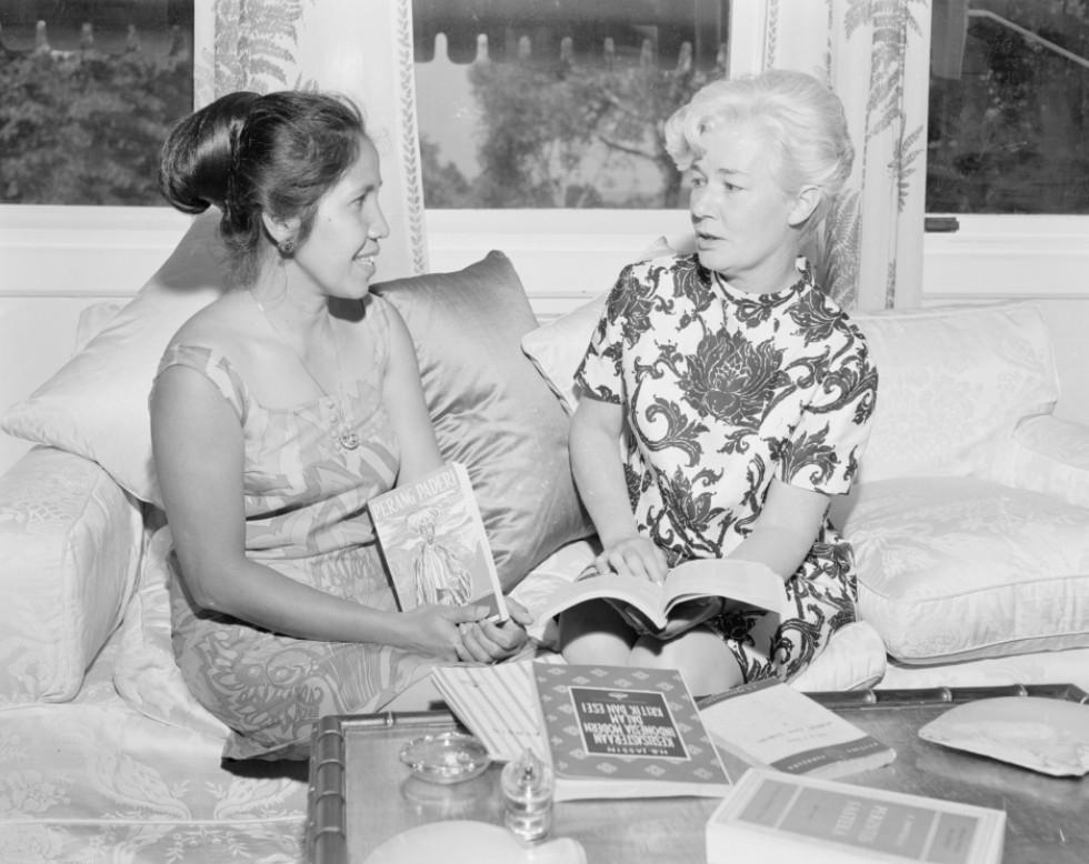 Bettina Gorton in the drawing room of The Lodge with her Indonesian language teacher Mrs Johns.