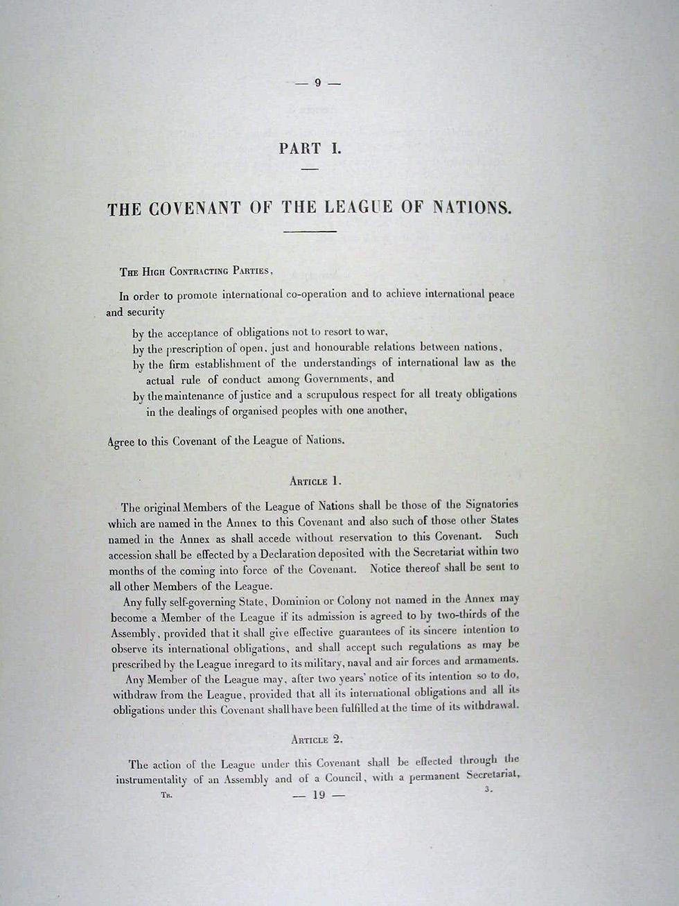 Copy of the Treaty of Versailles. Page titled 'Part 1.  The Covenant of the League of Nations.'