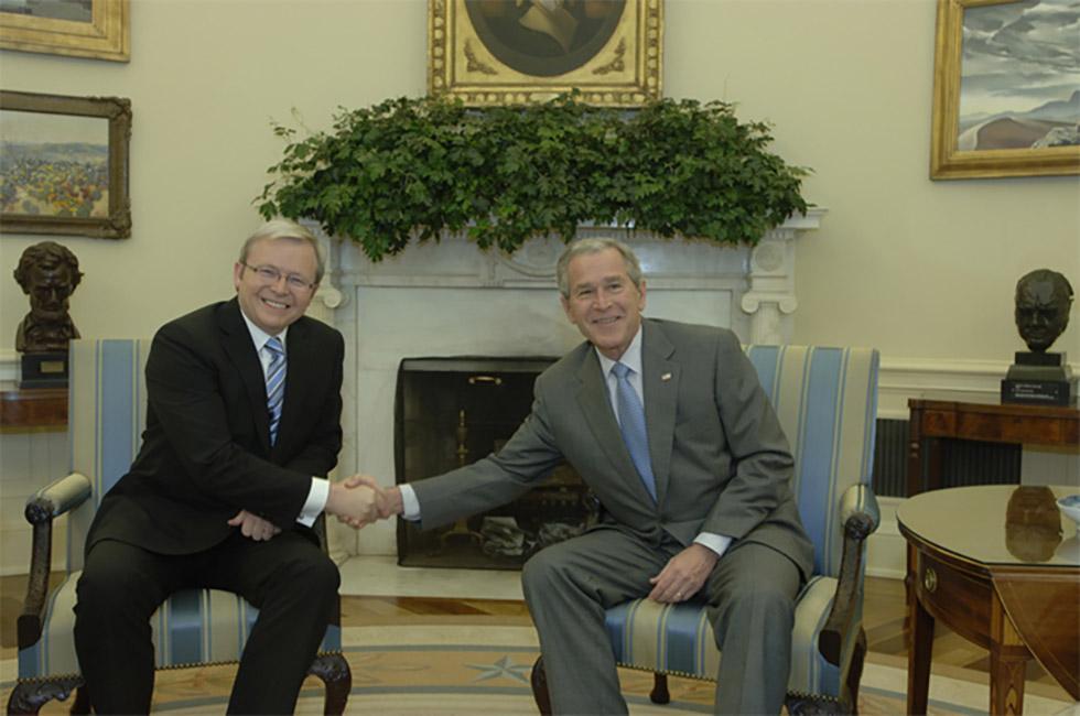 Prime Minister Kevin Rudd with United States President George W. Bush in Washington, DC, April 2008.