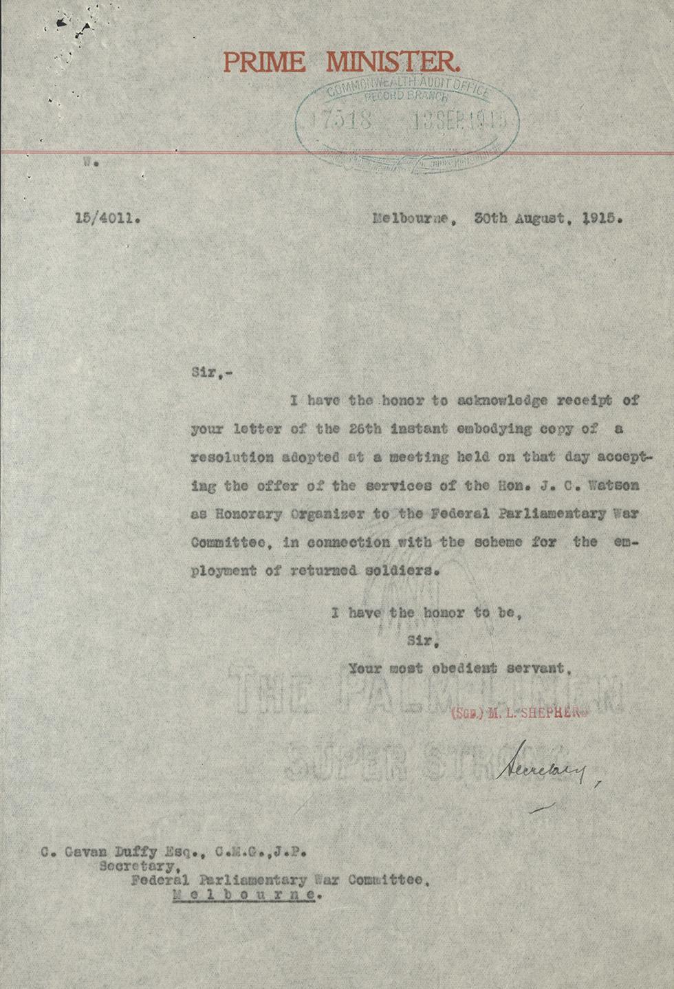 Letter announcing the Parliamentary War Committee's acceptance of Watson's services for the employment of returned soldiers