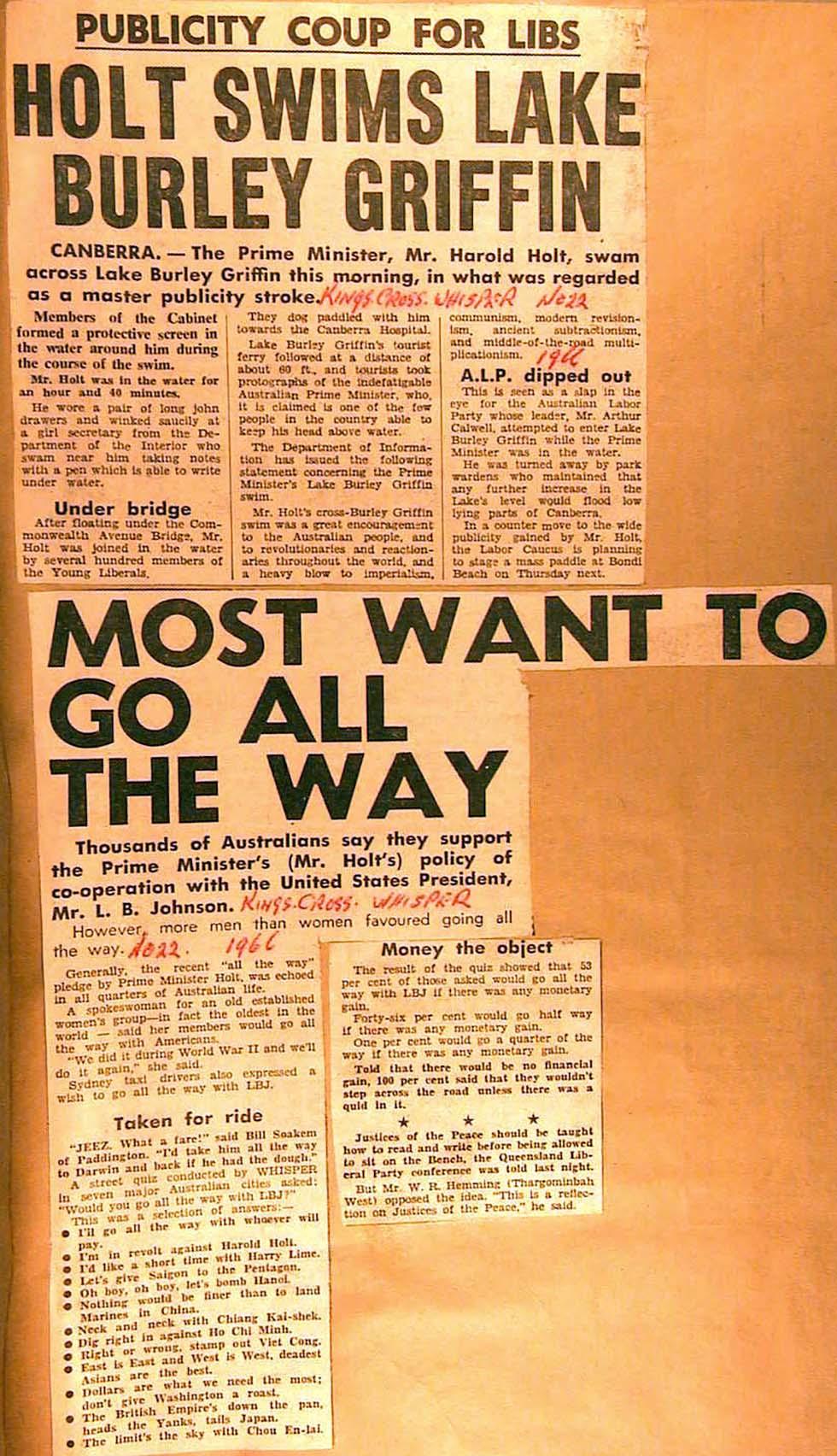 Press clippings kept by Prime Minister Harold Holt in the lead up to the 1966 election.