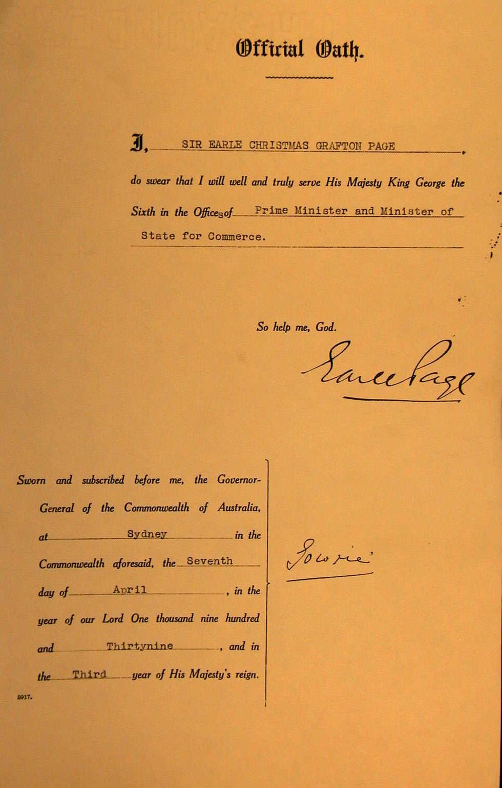 The Official Oath of Country Party leader Earle Page. 