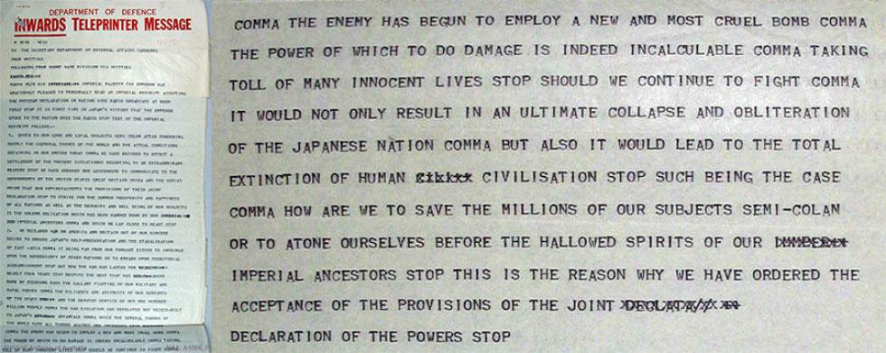 Department of Defence inwards teleprinter message - transcript of the Emperor Hirohito’s broadcast