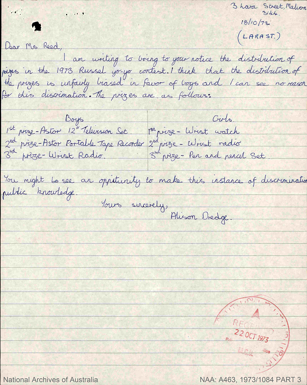 Hand-written letter to Mrs Reid about the Russell Yoyo competition prizes.