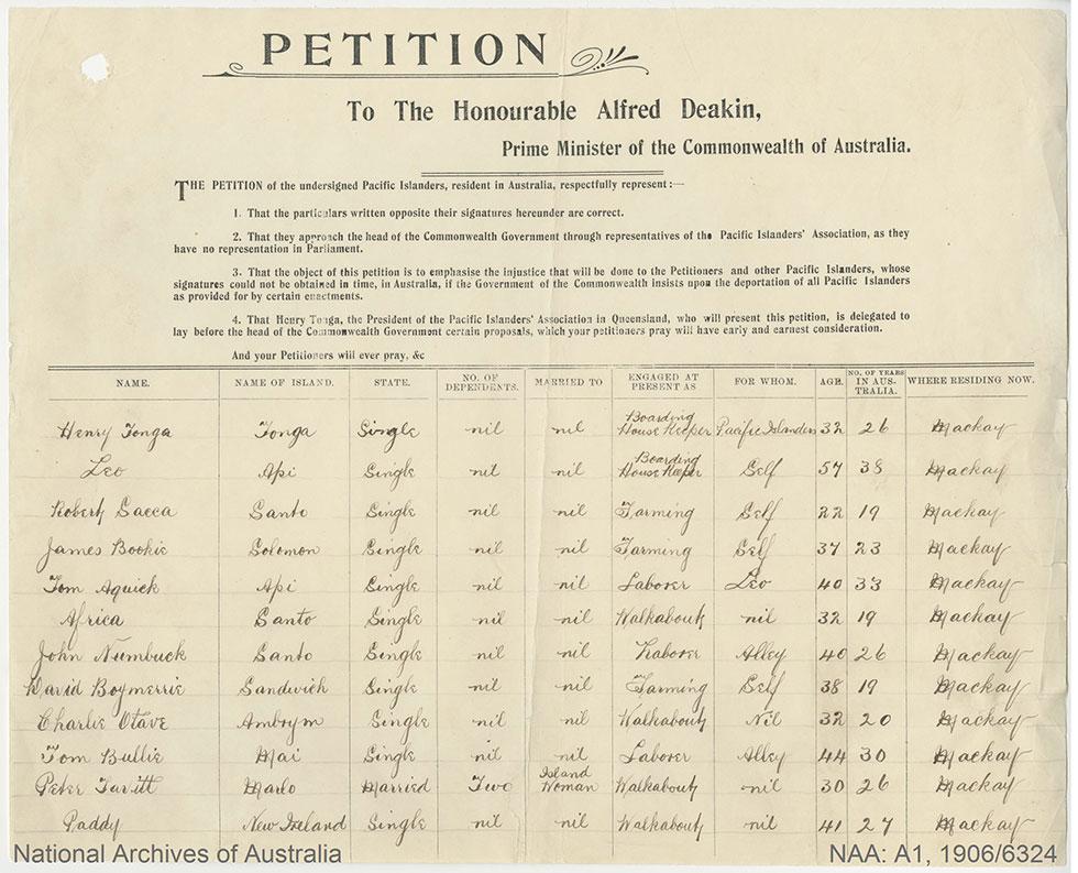 Petition to the Honourable Alfred Deakin.