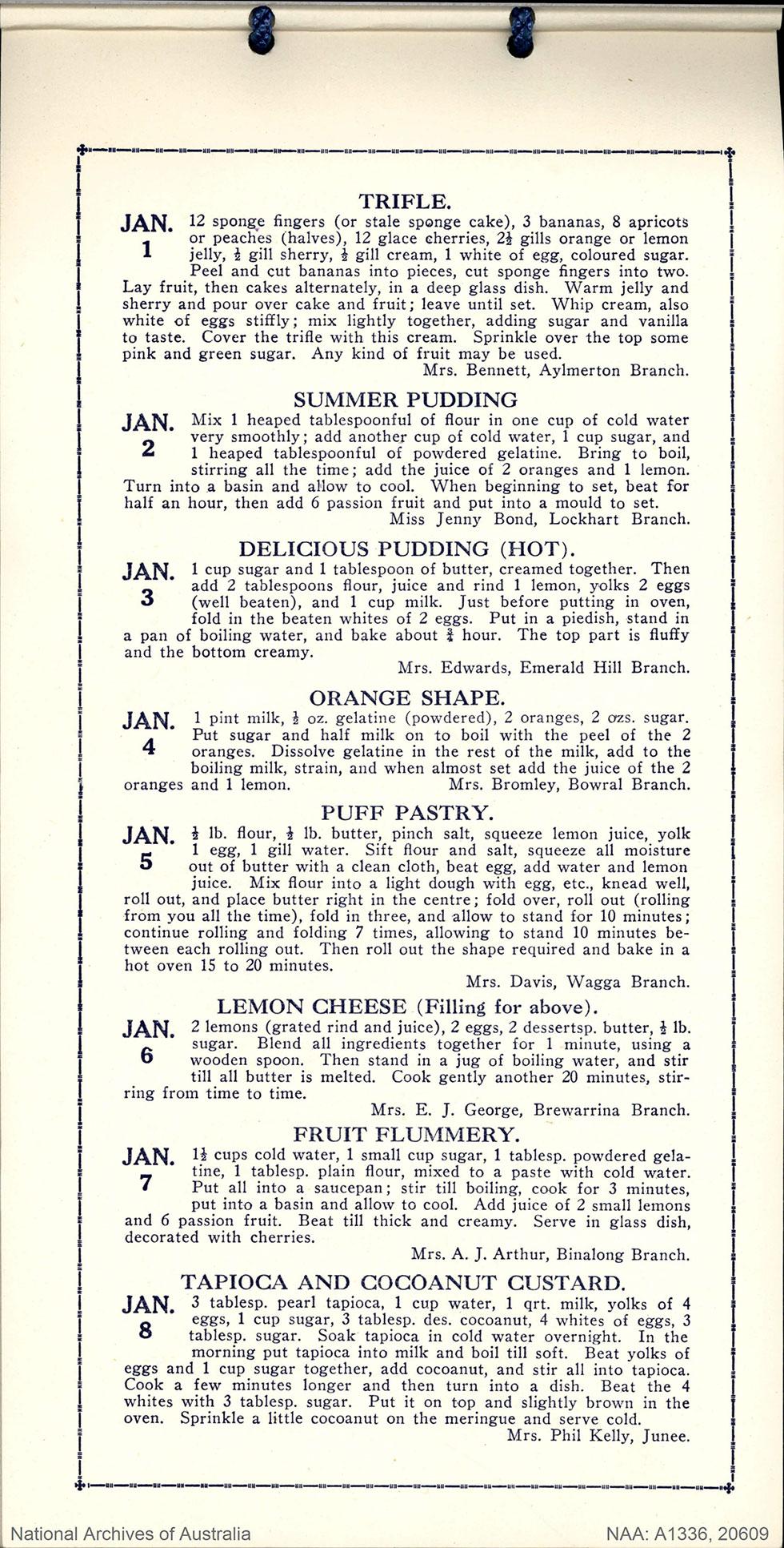 A sample of recipes from 1 January to 8 January.