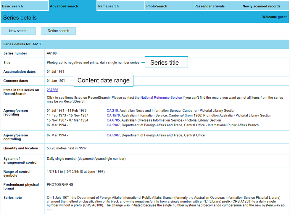 An example of a Series detail page on RecordSearch highlighting the Series title and Content date range.