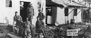 Australian soldiers at a bomb site in Darwin, World War II.