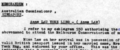 A typed memorandum with hand writing in blue ink about the marital status of women travelling to Australia for education. 