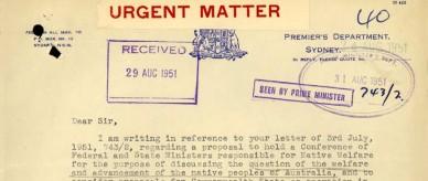 Reply to Prime Minister Robert Menzies' invitation to a conference on 'native welfare'