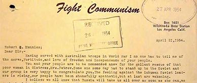 Letter to Prime Minister Robert Menzies regarding the threat of Communism.