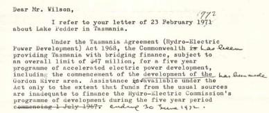 Draft letter reply from Prime Minister Williams McMahon to Mr AB Wilson, regarding the development of the Gordon River area.