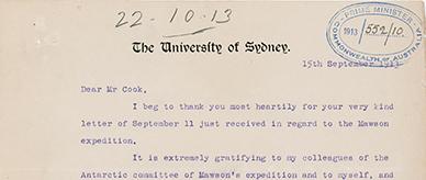 Letter from Professor Edgeworth David to Prime Minister Cook urging further funds to complete the Mawson expedition.