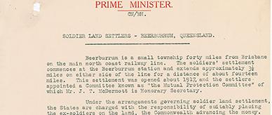 Memorandum regarding Beerburrum soldier settlement.