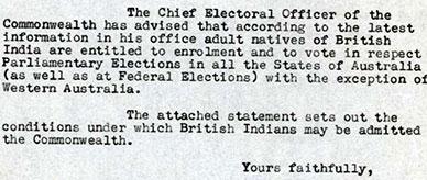 Typed letter: natives of British India are entitled to enrolment and to vote.