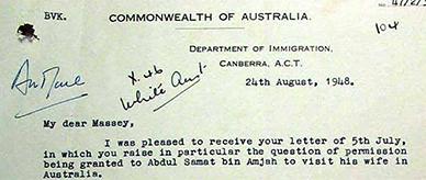 Letter to C Massey, Australian Commissioner for Malaya, regarding an application to visit Australia.