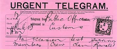 An urgent telegram written to Customs.