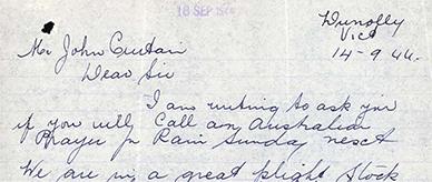 Letter to Prime Minister J Curtin.
