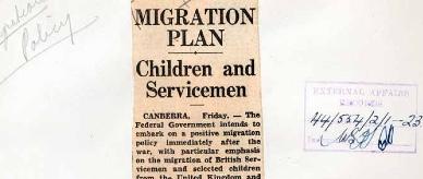 Newspaper clipping: Migration plan children and servicemen.