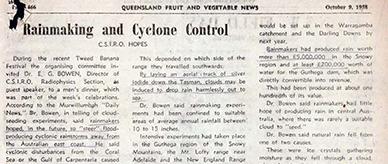 Newspaper extract regarding rainmaking and cyclone control.