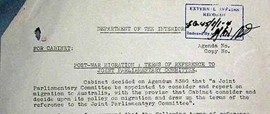 Copy of Cabinet submission on terms of reference for post-war migration joint parliamentary committee.