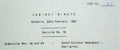 Power to legislate on behalf of Indigenous people, 1967.