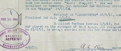 A minute paper regarding a nurse who enlisted in World War I under her maiden name.
