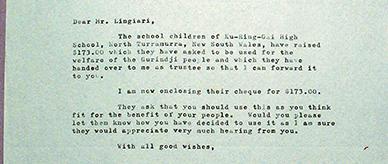 Letter to Mr. Vincent Lingiari confirming support by school children for the Gurindji people. 