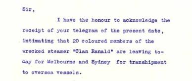 Acknowledgement letter regarding the departure of survivors of the Clan Ranald ship wreck.