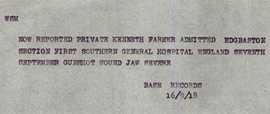 A telegraph regarding Kenneth Farmer, an Aboriginal serviceman injured in World War I.