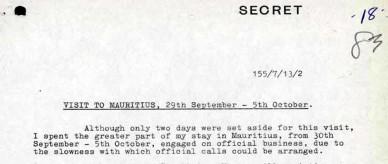 This is a secret report written by AF Dingle about a diplomatic visit to Mauritius, 23 October 1964.