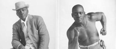 Two black and white studio portraits of Jack Johnson: sitting, wearing a suit and holding a cane; posed in boxing attire fists ready facing the camera.