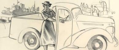Pencil drawing: WRAN driver standing beside her utility vehicle [ute].