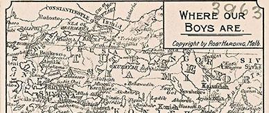 Postcard map of the Middle East region: 'Where Our Boys Are'.
