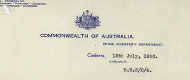 A typed letter. The second page includes the Australian coat of arms in blue at the top of the page.