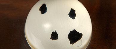 Four tiny fragments of moon rock encased in an acrylic dome
