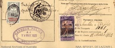 Passport of Luigia de Lazzari with her photograph and visa ‘good for travelling to Australia’. 