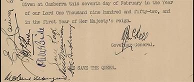 Proclamation of the accession of Queen Elizabeth II signed by Australian government ministers.